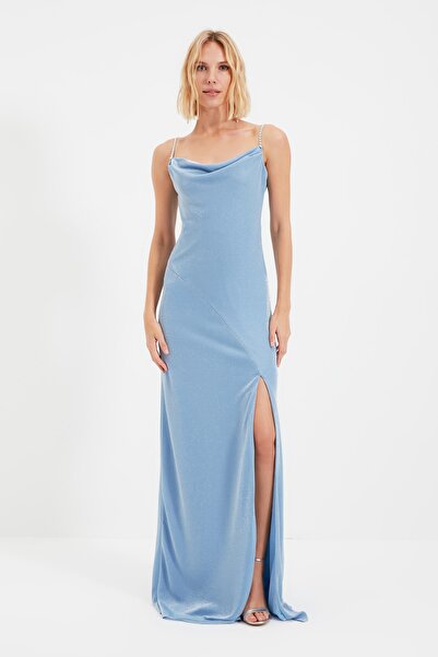 Trendyol Collection Tmavě modré dlouhé večerní šaty na ramínka TPRSS19UT0102