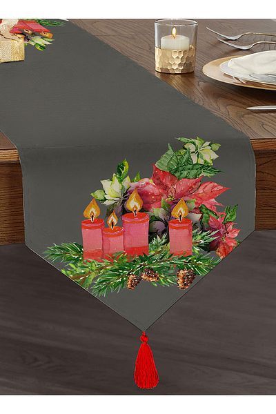 Realhomes Pardoseală gri, frunze de pin, design de lumânare, cu imprimare digitală, cu smocuri decorative din chenille
