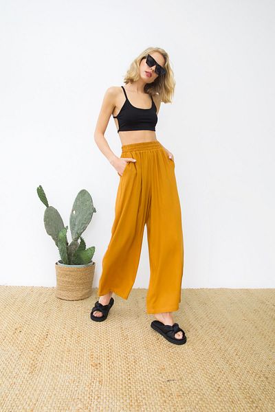 LAMODEMAPASS Women's Tan Draped Culotte Pants