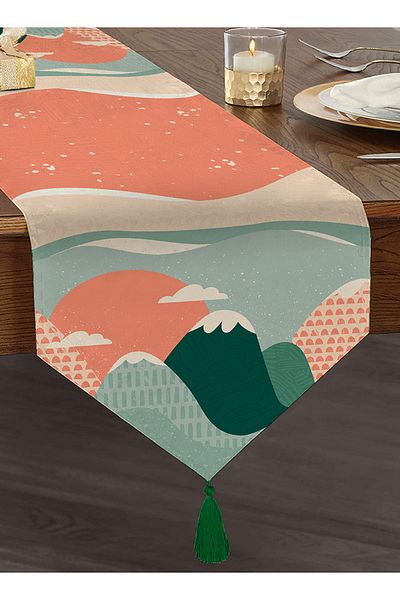 Realhomes Motiv de munte colorat imprimat digital Design special cu ciucuri Chenille Triunghi Runner