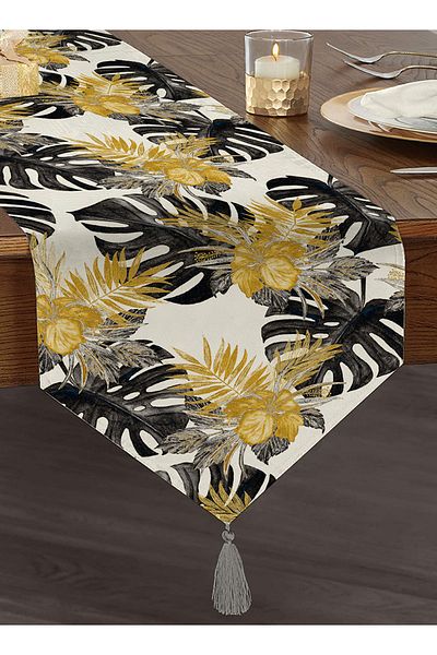 Realhomes Aur detaliat frunze cu model digital imprimat special design smocuri chenille triunghi alergător pe fundal alb