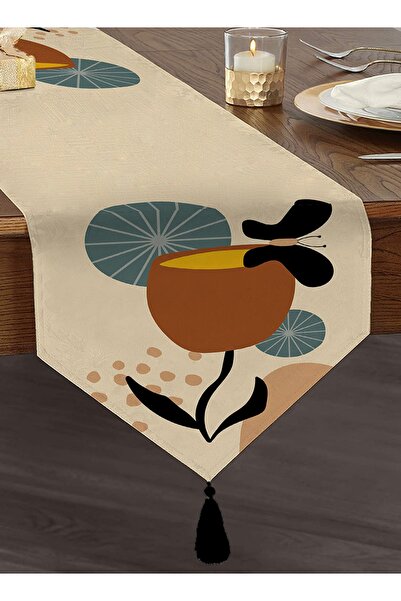 Realhomes Krem Zeminli Özel Tasarım Dijital Baskılı Dekoratif Püsküllü Şönil ...