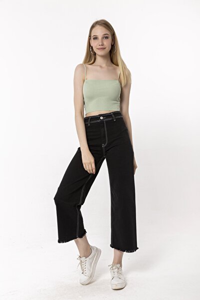 Darkly Jeans Süper Yüksek Bel Kontrast Siyah Dikişsiz Culotte Fit Pantolon