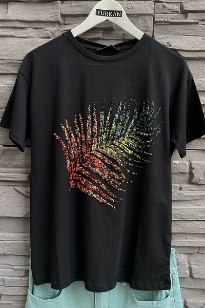 FEMELLE Tricou pentru femei, cu model de frunze negre, cu paiete, brodat din bumbac 100%