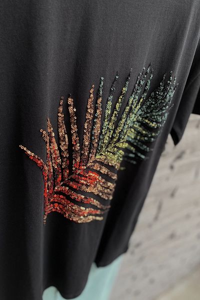 FEMELLE Tricou pentru femei, cu model de frunze negre, cu paiete, brodat din bumbac 100%