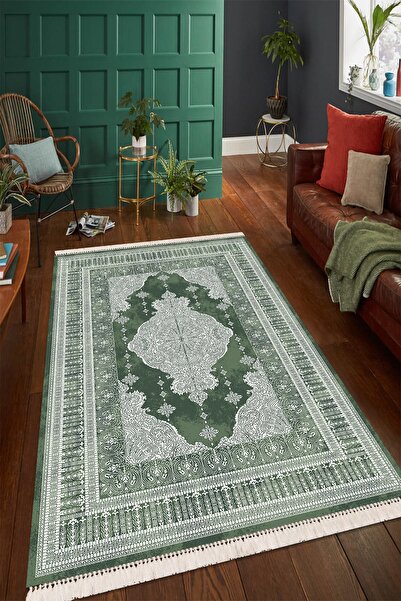 Modern home Klasik Çereve Detaylı Püsküllü Dijital Baskı Kaymaz Taban Makinad...