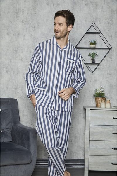 SWATİ Navy Blue Striped Gaffur Men's Pajama Set - Poplin