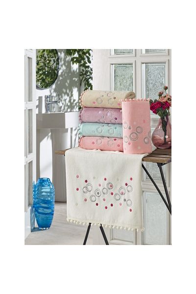 begenal home Begenalhome Velvet Pompom Κεντημένο Σετ 6 πετσετών χεριών και προσώπου |   50x90 εκ. Βαμβάκι