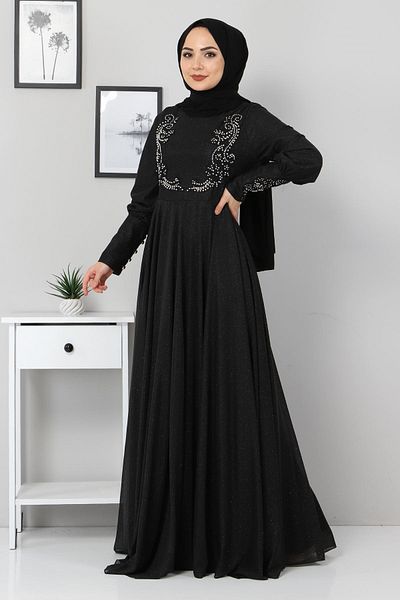 Modamihram Lace Detailed Glitter Evening Dress Black