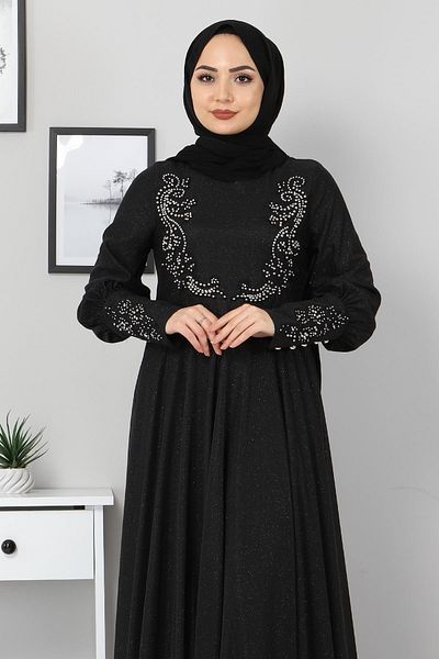 Modamihram Lace Detailed Glitter Evening Dress Black