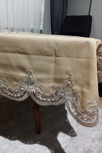 ER Çeyiz مفرش طاولة كتان فاخر فرنسي مزين بالدانتيل مقاوم للبقع 160x220 كابتشينو