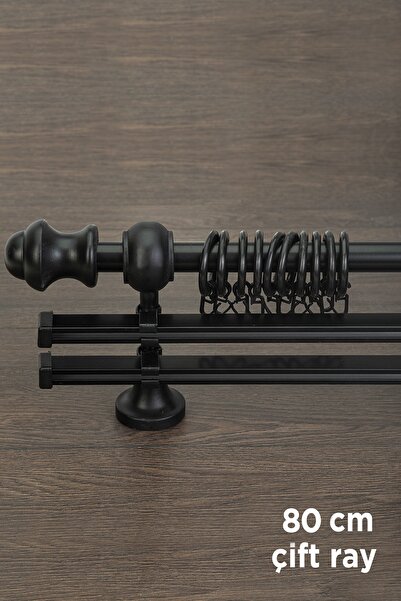 wenthi Suport pentru perdele din lemn negru rustic cu două șine Venti 80 Cm