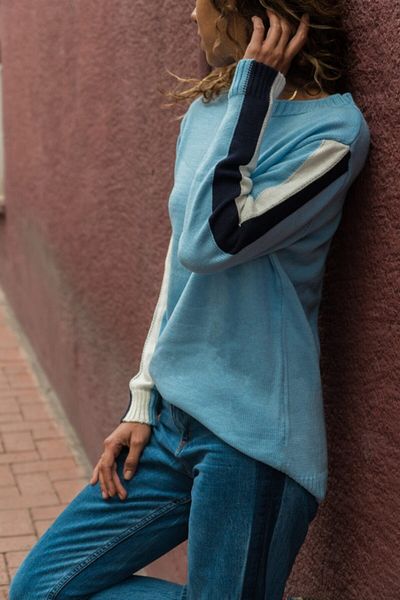 AQE FASHION Pulover de damă, cu mânecă rotundă, cu dungi, albastru bebeluș