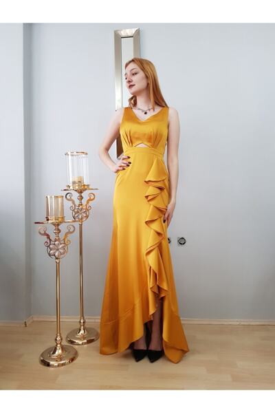 FERGAN فستان سهرة من الساتان الزعفراني - موديل نسائي بأشرطة رفيعة