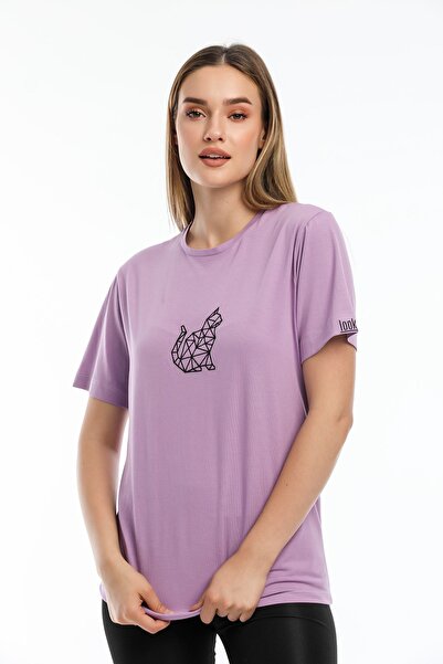 Argentum Look Women's Lilac Cat Embroidered 100% Cotton T-Shirt