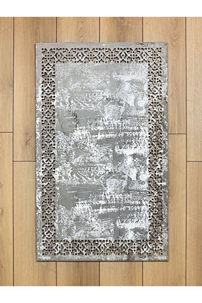 Creativehome Ottoman Gri Kadife Üzeri Gümüş Varak, Kaymaz Taban, Yıkanabilir,...