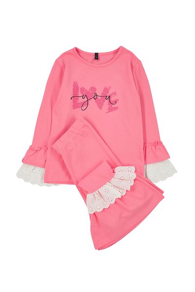 TRENDYOLKIDS Pink Printed Lace Detailed Long Sleeve T-shirt and Leggings Set for Girls - TKDAW25AU00002