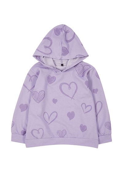TRENDYOLKIDS Lilac Girl's Thin Heart Patterned Seasonal Hooded Sweatshirt - Tkdaw25sw00002