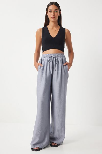 Happiness İstanbul Gray Comfortable Ayrobin Women's Trousers - Wide Leg DP00206