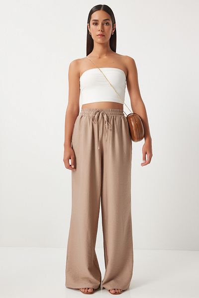 Happiness İstanbul Beigefarbene Damenhose - Weites Bein, Bequem Ayrobin DP00206