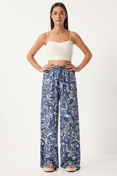 Happiness İstanbul Indigoblau gemusterte Palazzo-Hose aus Viskose für Damen - EN00606