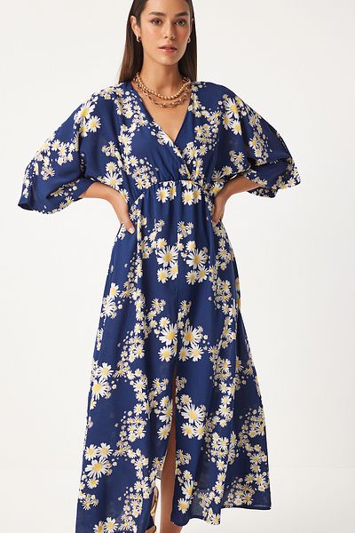 Happiness İstanbul Navy Blue Patterned Viscose Summer Dress - Wraped Collar DK00166