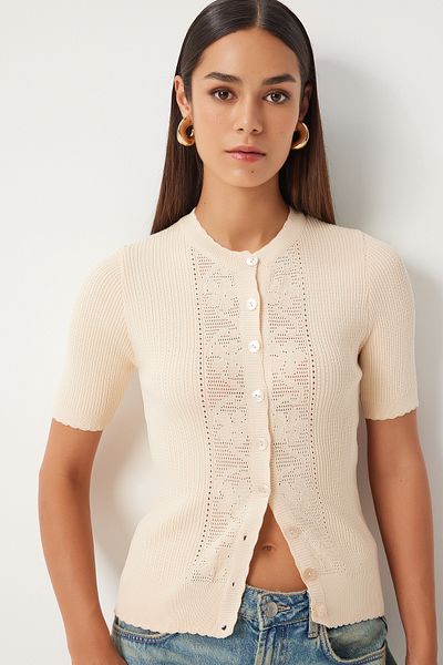 Happiness İstanbul Women's Seasonal Openwork Knitwear Cardigan - Cream OW00044