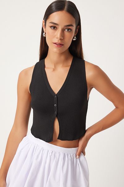 Happiness İstanbul Black V-Neck Crop Knitwear Women's Vest - YY00218