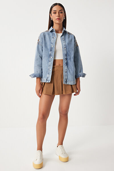 Happiness İstanbul Közepes kék etnikai hímzésű női gabardin dzseki - RV00142