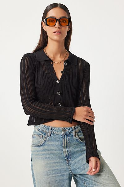 Happiness İstanbul Polo Neck Black Knitwear Summer Cardigan - Light and Transparent MT00151