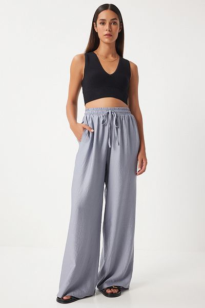 Happiness İstanbul Gray Comfortable Ayrobin Women's Trousers - Wide Leg DP00206