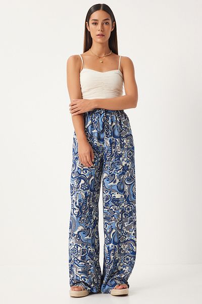 Happiness İstanbul Indigoblau gemusterte Palazzo-Hose aus Viskose für Damen - EN00606