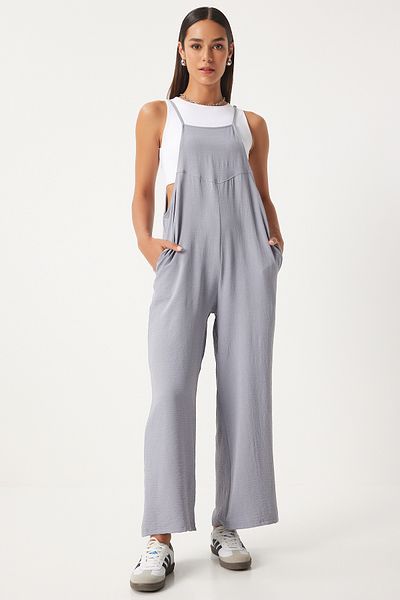 Happiness İstanbul Grauer Gärtner-Overall mit Taschen für Damen - DD00910