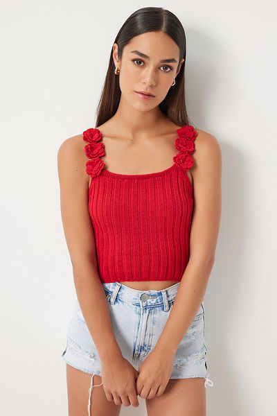 Happiness İstanbul Red Floral Patterned Crop Strap Knitwear Blouse - AV00037