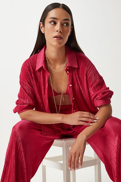 Happiness İstanbul Dark Pink Women's Pleated Shirt and Trousers Set - FN03221