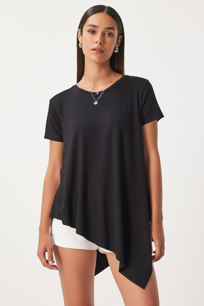 Happiness İstanbul Black Asymmetrical Viscose Women's T-shirt - En00599