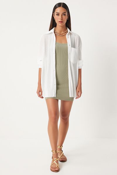 Happiness İstanbul Ecru Oversize Pleated Women's Shirt - FN03216