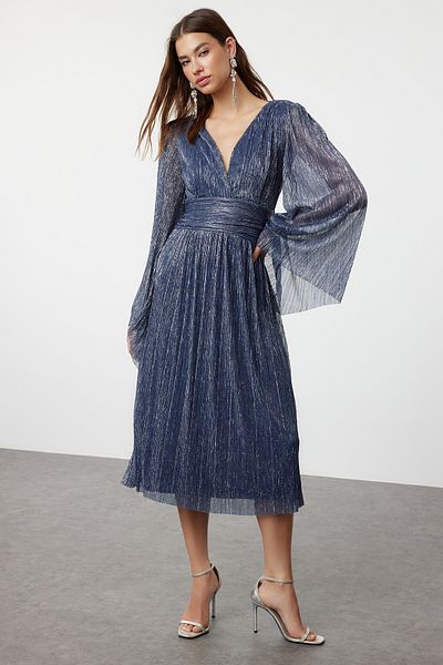 Trendyol Collection Μπλε Navy Blue V-Neck Glitter A-Cut Κομψό πλεκτό βραδινό φόρεμα - TPRSS24EL00179