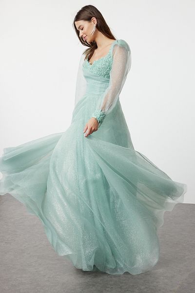 Trendyol Collection Mint A-Line Woven Long Stylish Evening Dress Night Graduation Dress Tprss24Ae00244