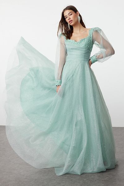 Trendyol Collection Mint A-Line Woven Long Stylish Evening Dress Night Graduation Dress Tprss24Ae00244