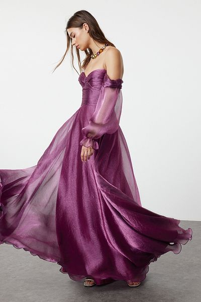 Trendyol Collection Fuchsiové dlouhé tylové večerní šaty - TPRSS24AE00246