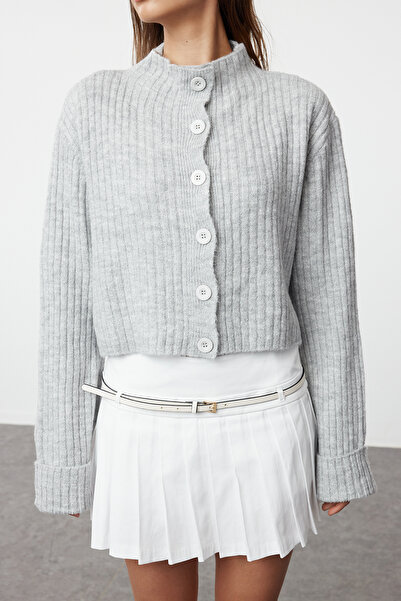Trendyol Collection Šedý úplet s měkkým texturovaným stojáčkem Cardigan TWOAW22HI0174