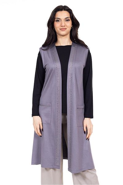 Mutlu City Middle Age and Above Lycra Stone Embroidered Women's Long Vest with Pockets - 24203