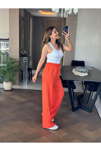 Forlady4 Orange Aerobin Women's Trousers - Wide Leg with Lacing Detail and Elastic