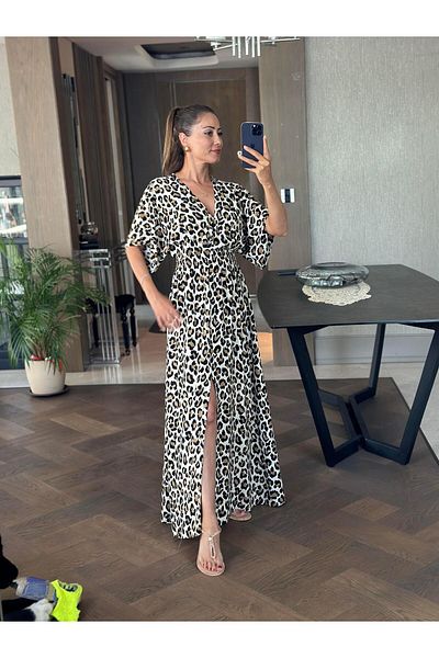 Forlady4 Leopard Print Brown Double Breasted Collar Elastic Waist Slit Women's Dress