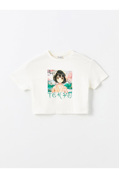 LC Waikiki Tricou crop pentru fetiță cu mânecă scurtă cu imprimeu cu decolteu