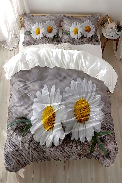 3D ELSE HALI Double Yellow Gray Daisy Patterned Cotton Satin Duvet Cover Set