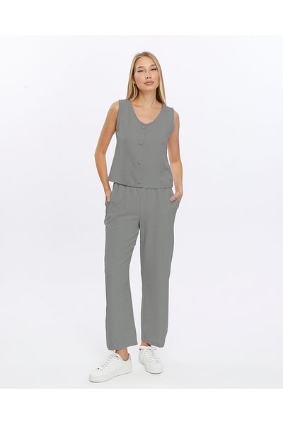 İkmal Beige Linen Trousers and Undershirt Set - Buttoned