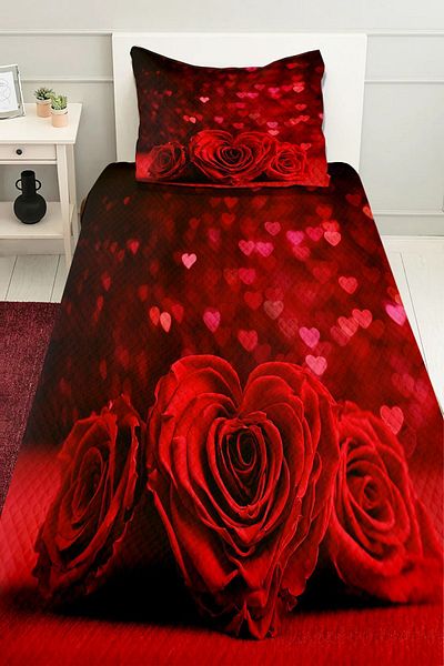 3D ELSE HALI نمط الورود الحمراء - طقم سرير بيكيه مزخرف مطبوع، مفرد