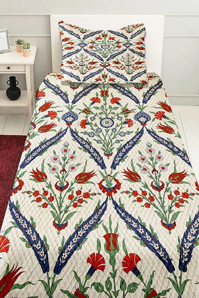 3D ELSE HALI Tulip Patterned Ottoman Tile - Printed Decorative Bedspread, Single Pillowed Pique Set